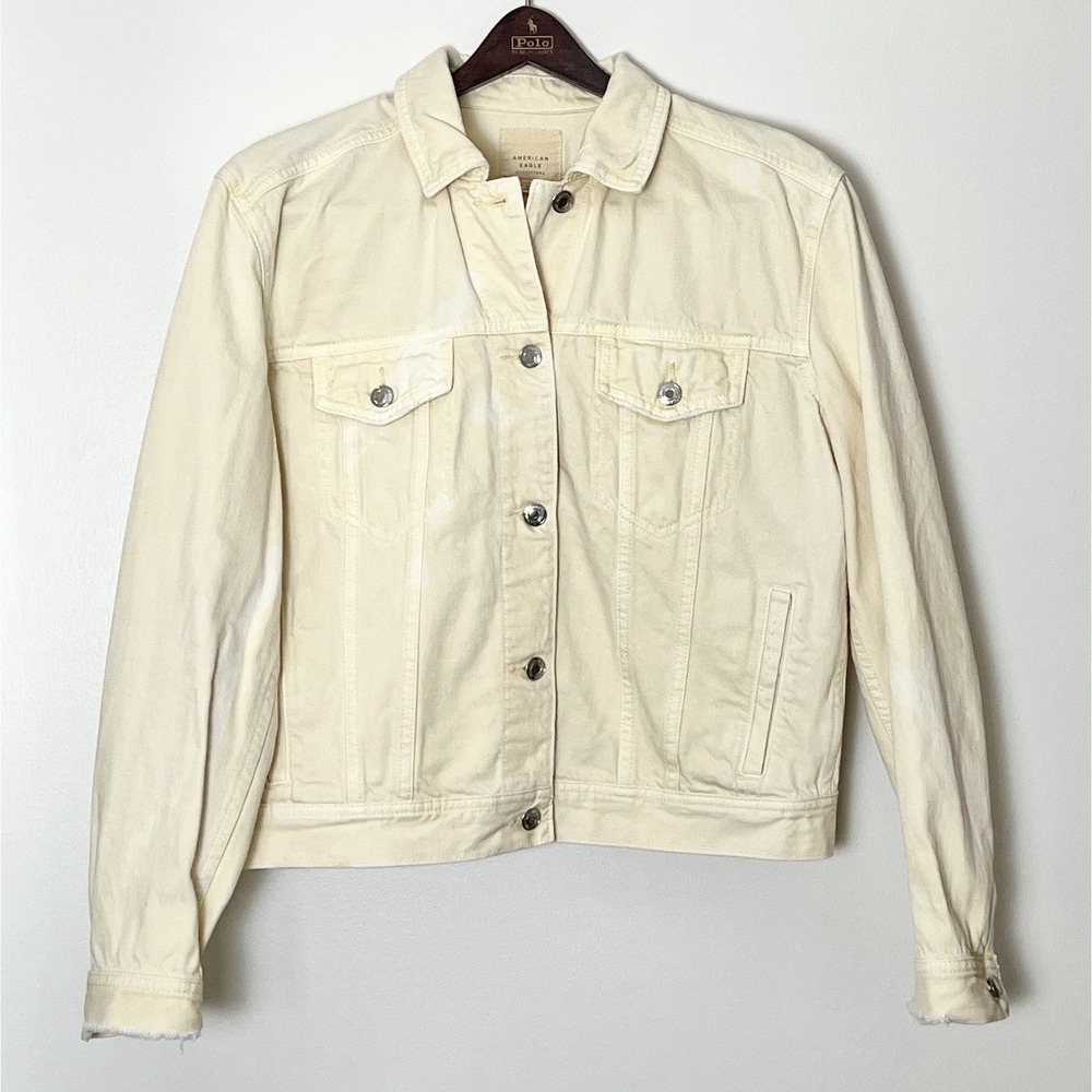 American Eagle Jean Jacket Women's Medium Yellow Distressed  Cottagecore Stretch